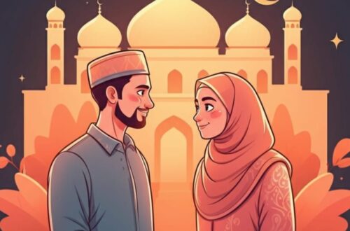 A Muslim couple holding hands in a serene setting, surrounded by symbols of love and faith, including a crescent moon, stars, and a mosque in the background, symbolizing the theme 'From Swipe to Nikkah'.