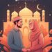 A Muslim couple holding hands in a serene setting, surrounded by symbols of love and faith, including a crescent moon, stars, and a mosque in the background, symbolizing the theme 'From Swipe to Nikkah'.