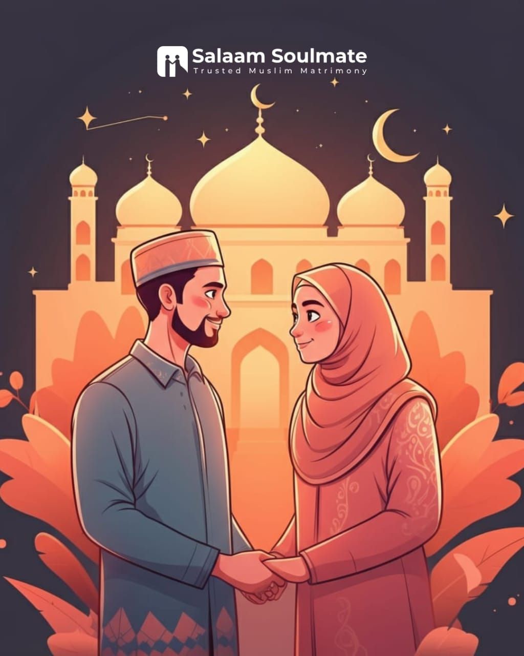 A Muslim couple holding hands in a serene setting, surrounded by symbols of love and faith, including a crescent moon, stars, and a mosque in the background, symbolizing the theme 'From Swipe to Nikkah'.
