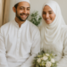 A joyful newlywed Muslim couple smiling happily together in simple wedding attire, seated side by side. The bride wears a white lace dress and hijab, holding a bouquet of cream-colored roses. The groom wears a white kurta and taqiyah cap.