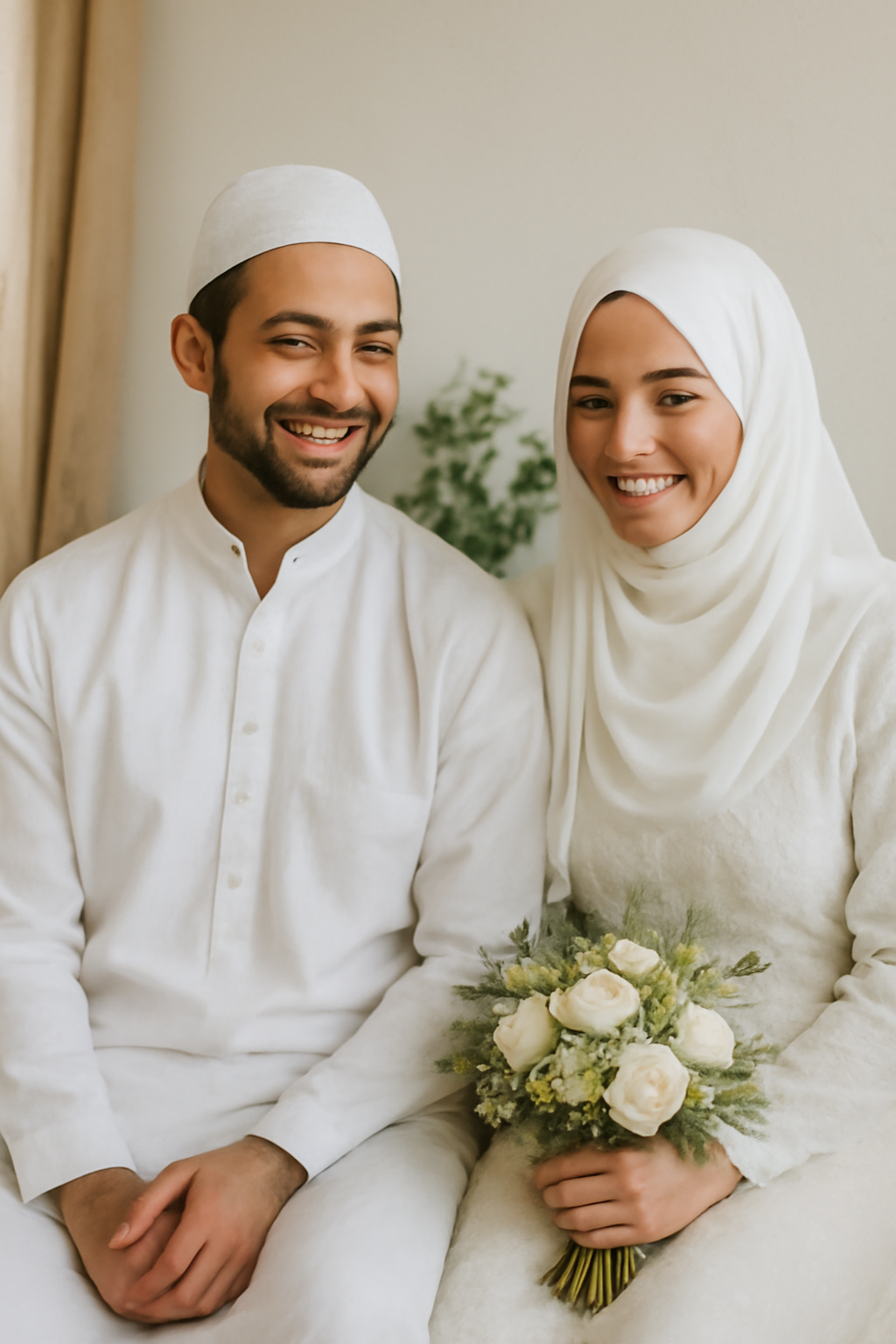 A joyful newlywed Muslim couple smiling happily together in simple wedding attire, seated side by side. The bride wears a white lace dress and hijab, holding a bouquet of cream-colored roses. The groom wears a white kurta and taqiyah cap.