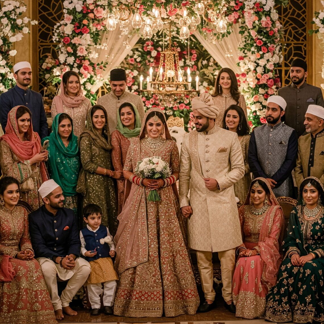 A large group of elegantly dressed people, including a bride and groom holding hands, pose for a photo at a modern Muslim wedding.