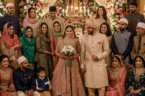A large group of elegantly dressed people, including a bride and groom holding hands, pose for a photo at a modern Muslim wedding.