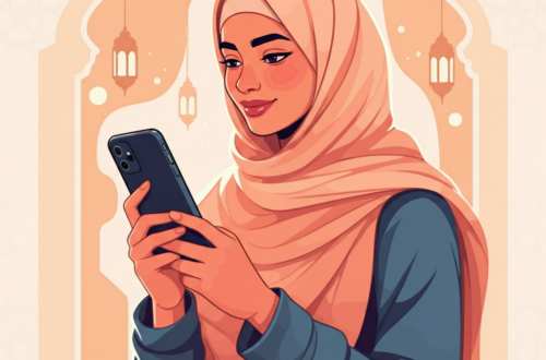 A modern Muslim woman wearing a stylish hijab, using a smartphone in a peaceful setting with soft lighting and subtle Islamic architectural elements in the background.
