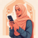 A modern Muslim woman wearing a stylish hijab, using a smartphone in a peaceful setting with soft lighting and subtle Islamic architectural elements in the background.