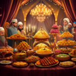 Muslim wedding feast table with traditional dishes.