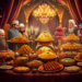 Muslim wedding feast table with traditional dishes.