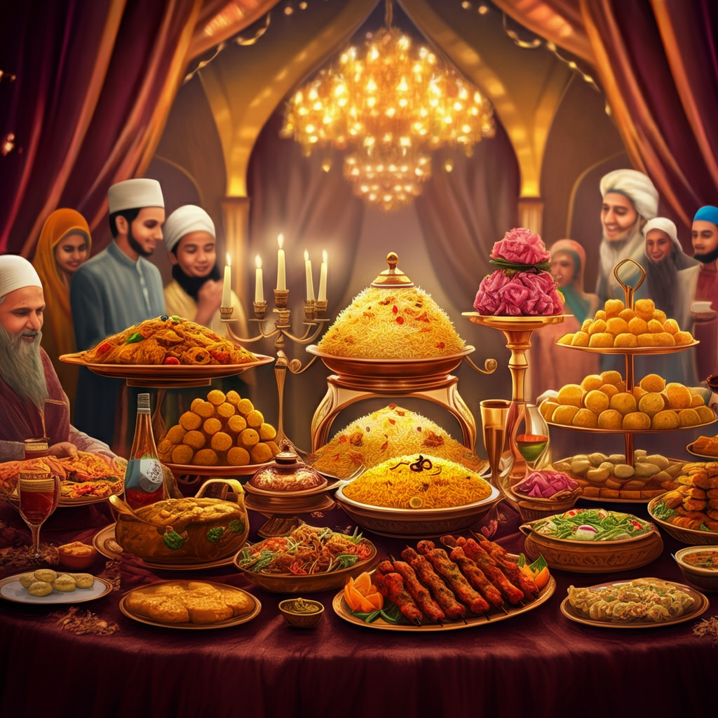 Muslim wedding feast table with traditional dishes.
