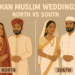 A South Asian couple in traditional wedding attire surrounded by floral decorations and guests holding sparklers.