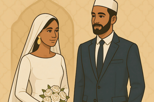 A stylized illustration depicts a couple, appearing to be Muslim, kneeling on a prayer rug within a mosque-like setting, exchanging a glowing gift box labeled "Melr."