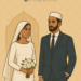 A stylized illustration depicts a couple, appearing to be Muslim, kneeling on a prayer rug within a mosque-like setting, exchanging a glowing gift box labeled "Melr."
