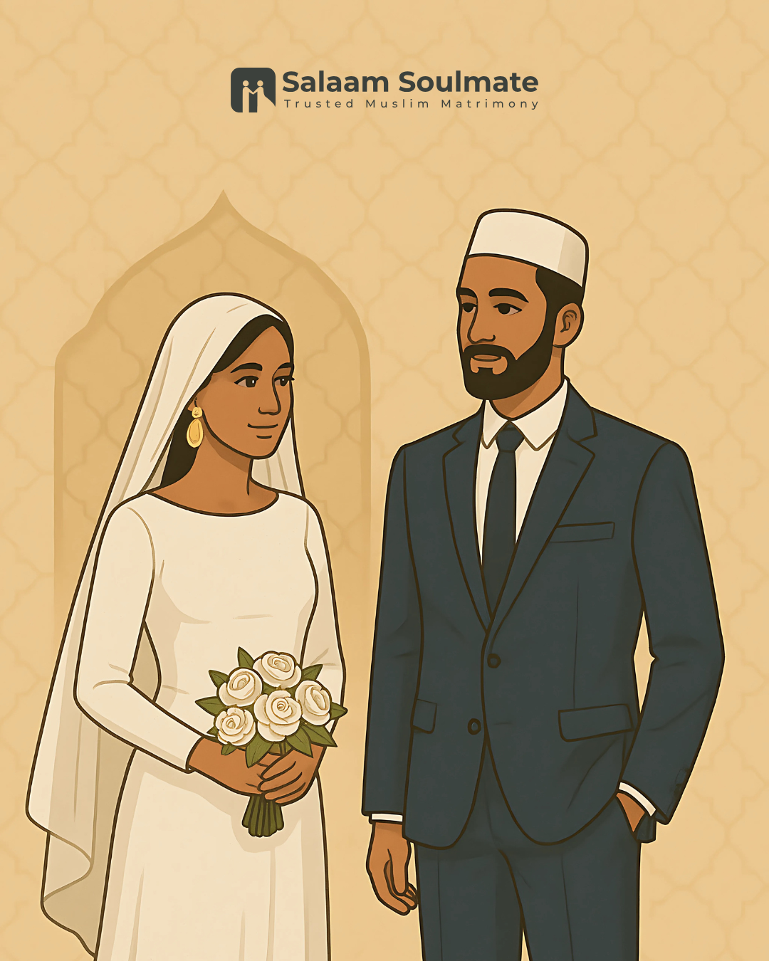 A stylized illustration depicts a couple, appearing to be Muslim, kneeling on a prayer rug within a mosque-like setting, exchanging a glowing gift box labeled "Melr."