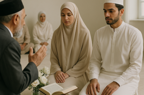 A solemn religious ceremony with a young couple kneeling before an elder, featuring a wooden stand with an open book and white roses.