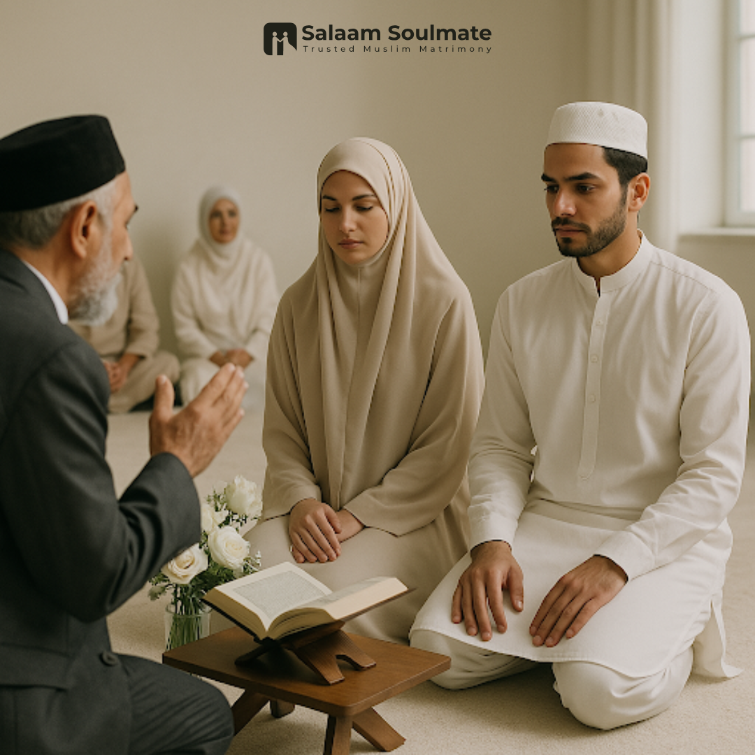 A solemn religious ceremony with a young couple kneeling before an elder, featuring a wooden stand with an open book and white roses.