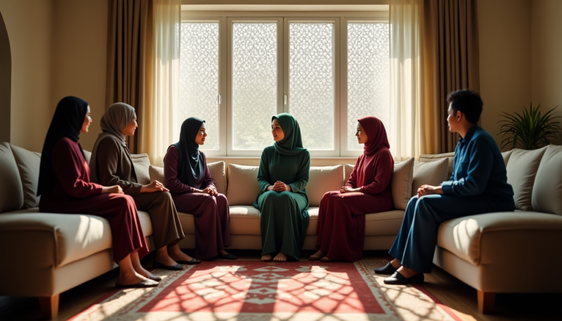 Group of Muslim family influence in Muslim marriage and women and one man sitting in a living room, engaged in a thoughtful discussion.