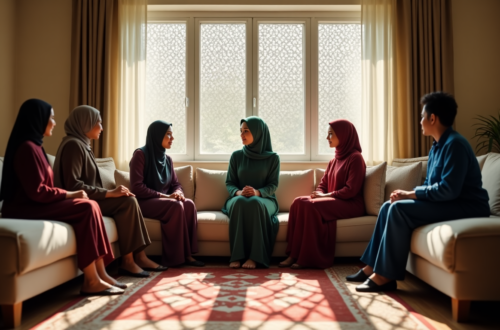 Group of Muslim family influence in Muslim marriage and women and one man sitting in a living room, engaged in a thoughtful discussion.