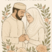 Muslim couple under floral frame for wedding Sunnahs.