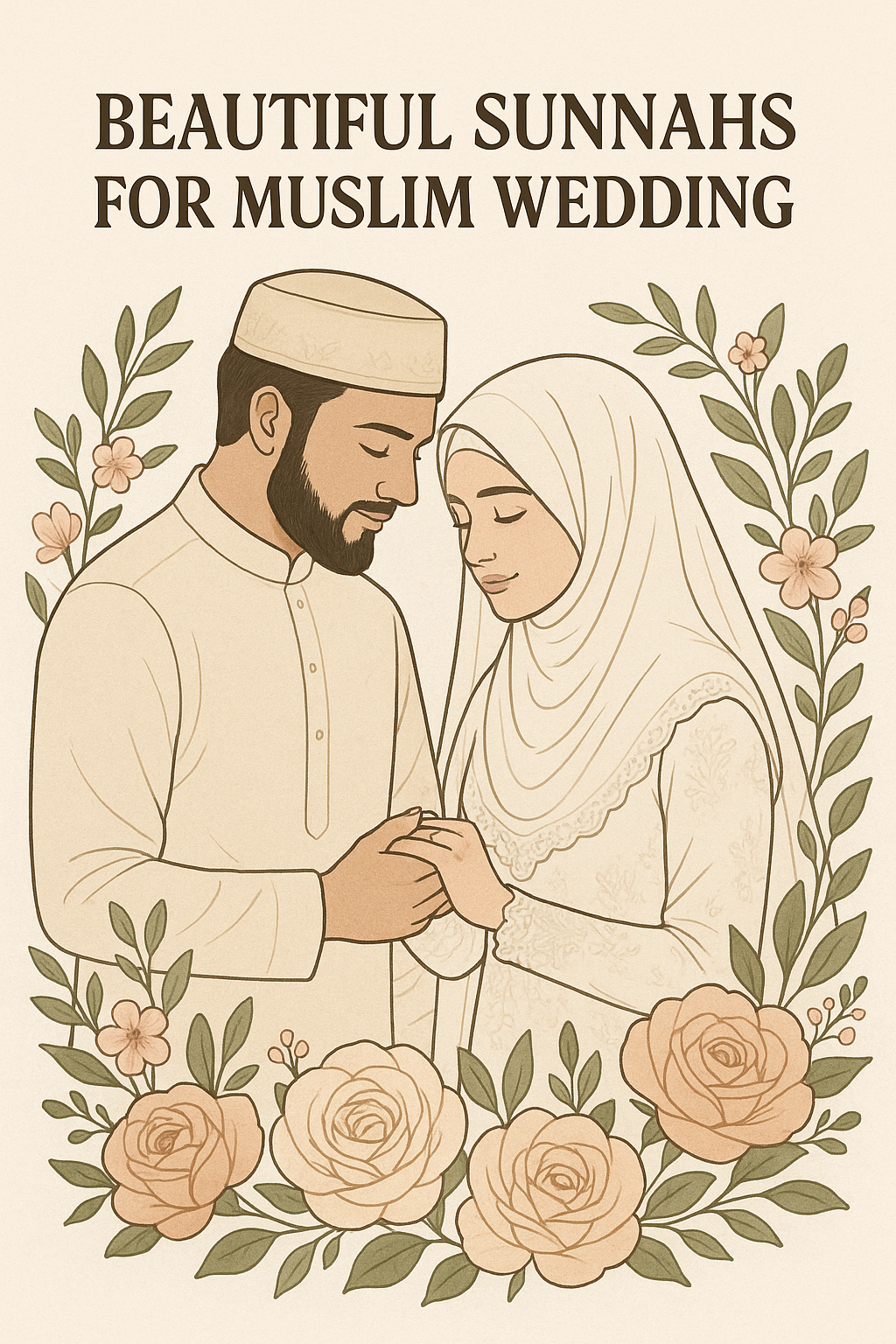 Muslim couple under floral frame for wedding Sunnahs.