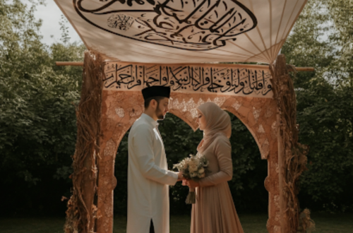 A Muslim couple under a decorative canopy during a wedding ceremony.