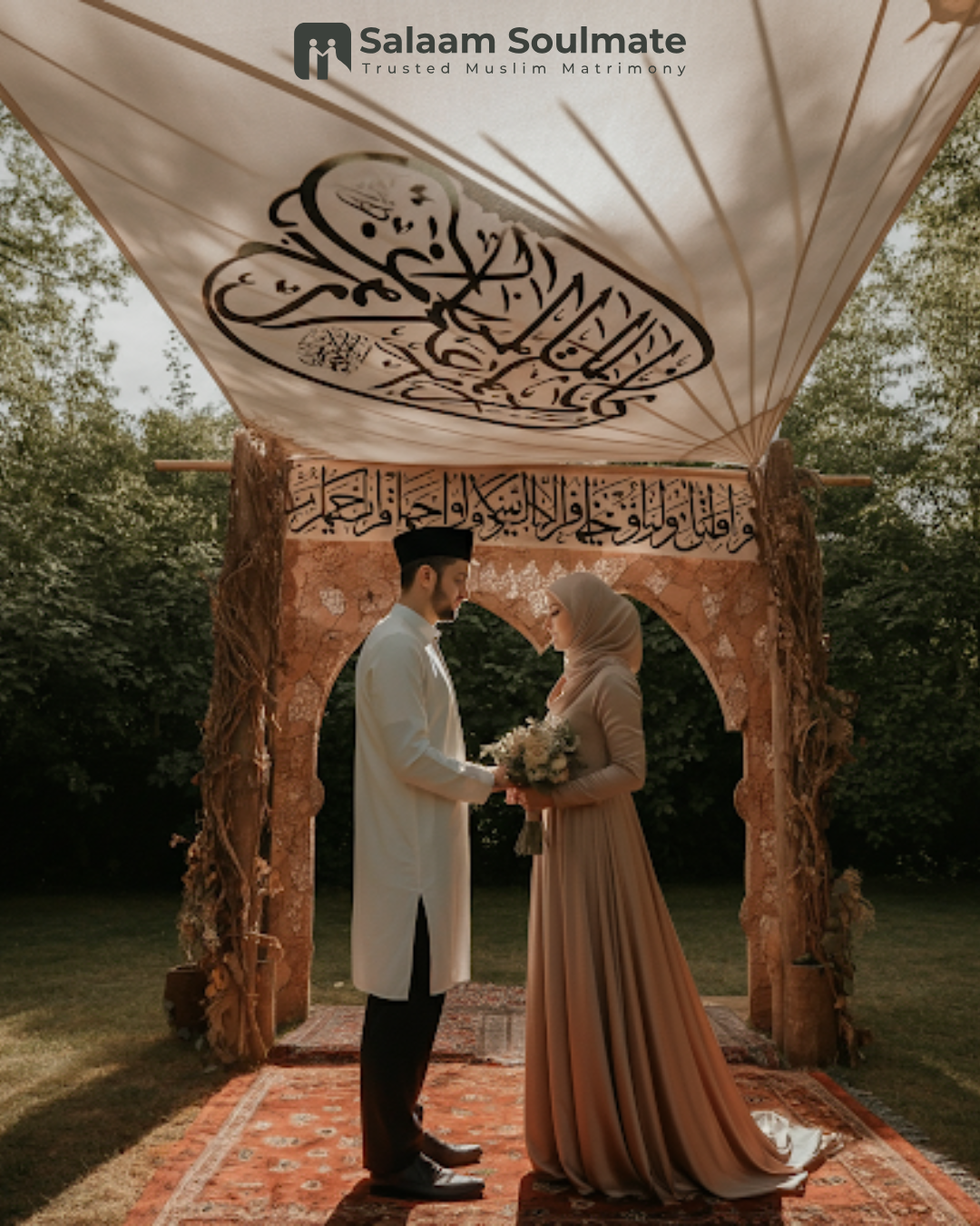 A Muslim couple under a decorative canopy during a wedding ceremony.